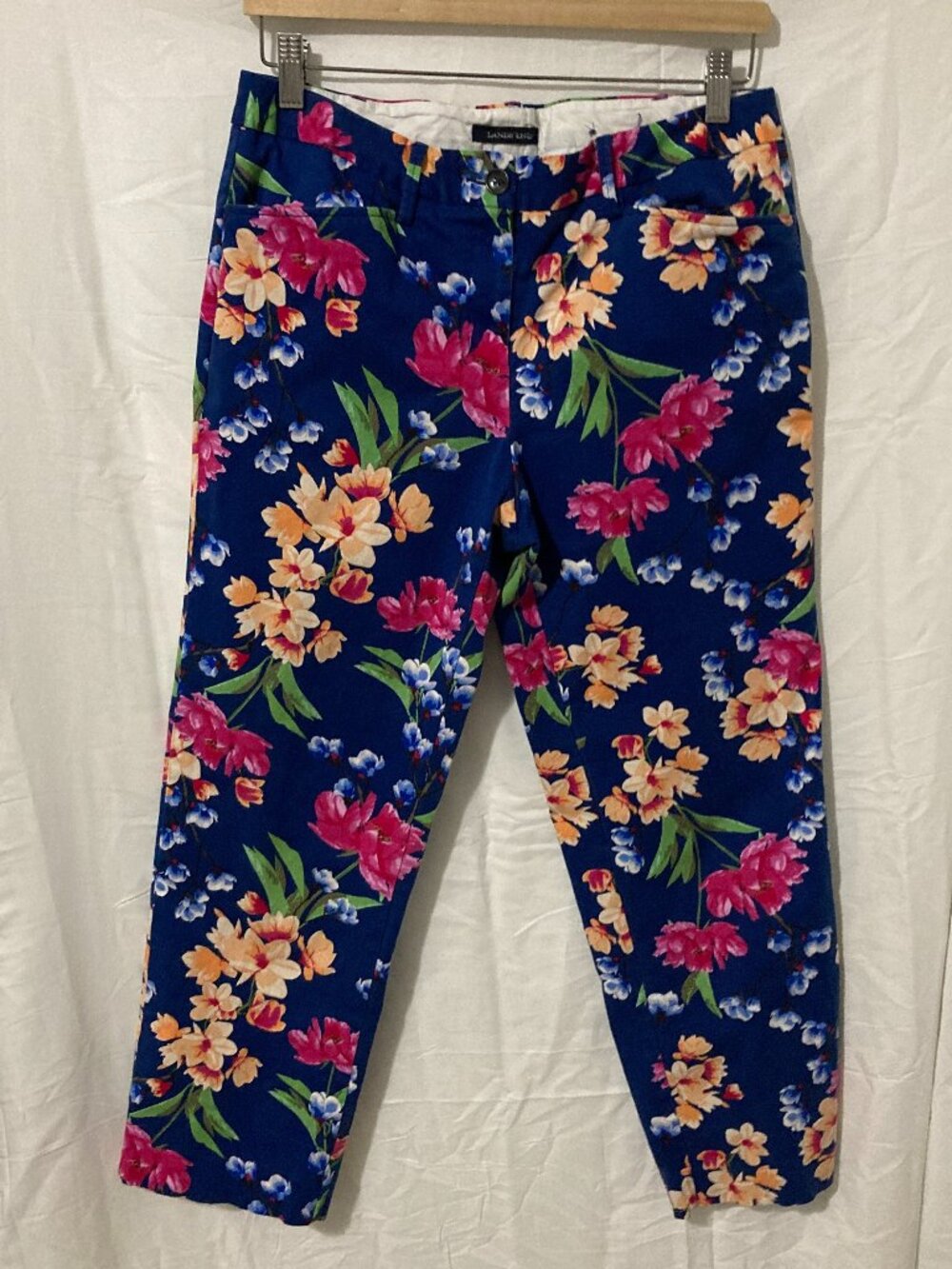 Lands' End Straight Leg Pants Womens 8‎ Blue Floral Bold Crop Core Cotton Fitted